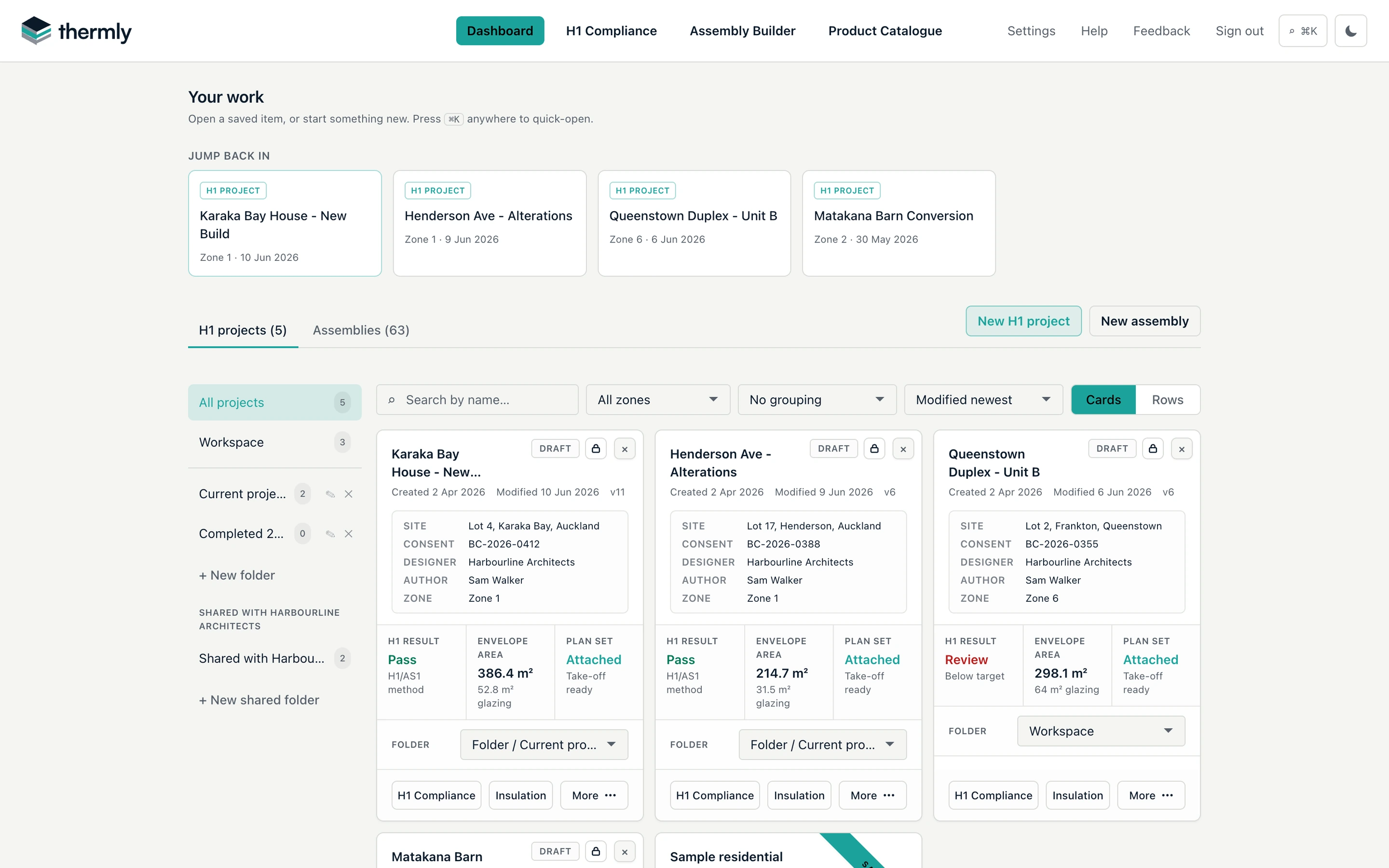 Thermly dashboard showing project cards with compliance status, folders, a section shared with an organisation, and search and filter controls
