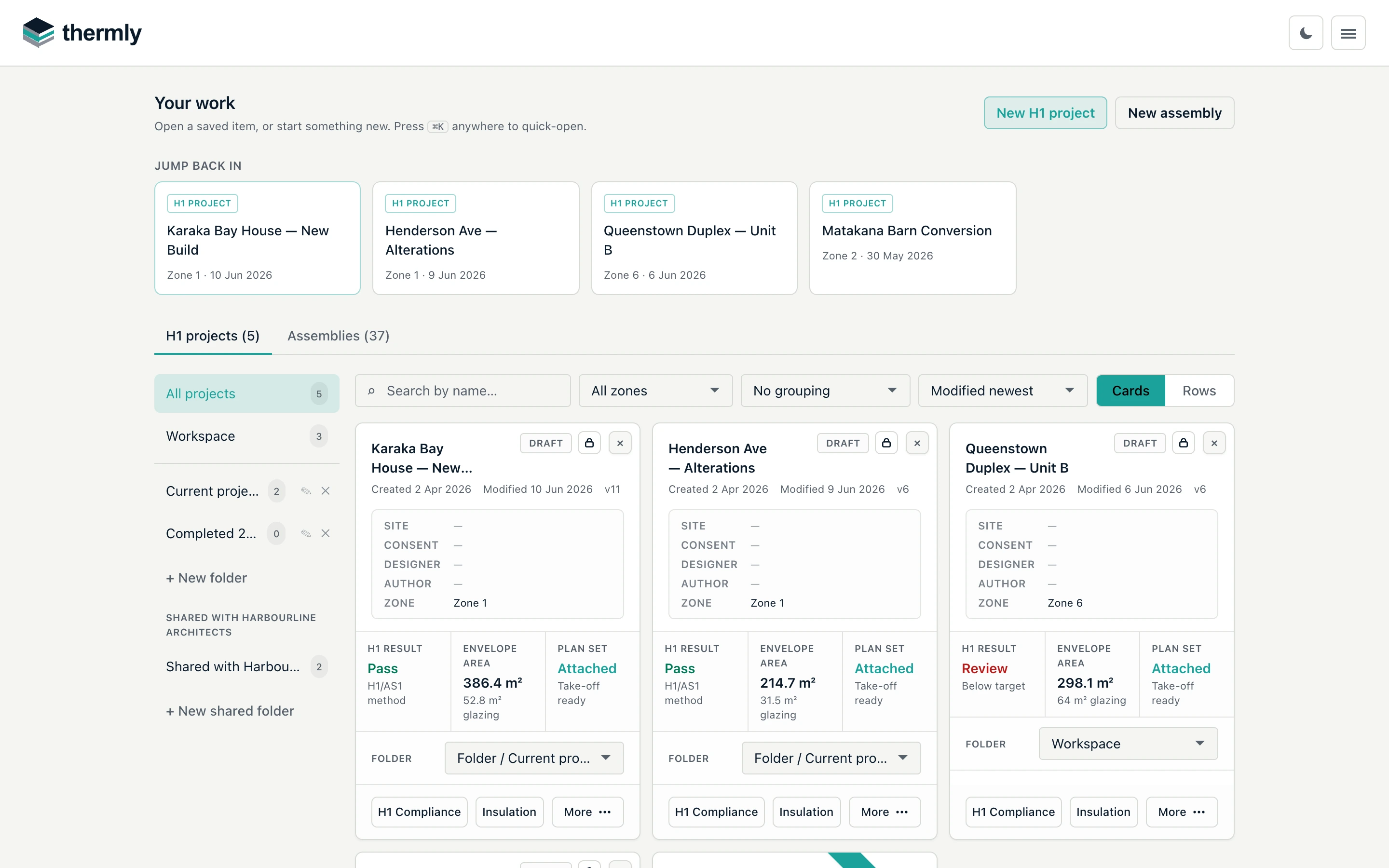 The Dashboard: recent projects, personal folders, and organisation-shared folders.