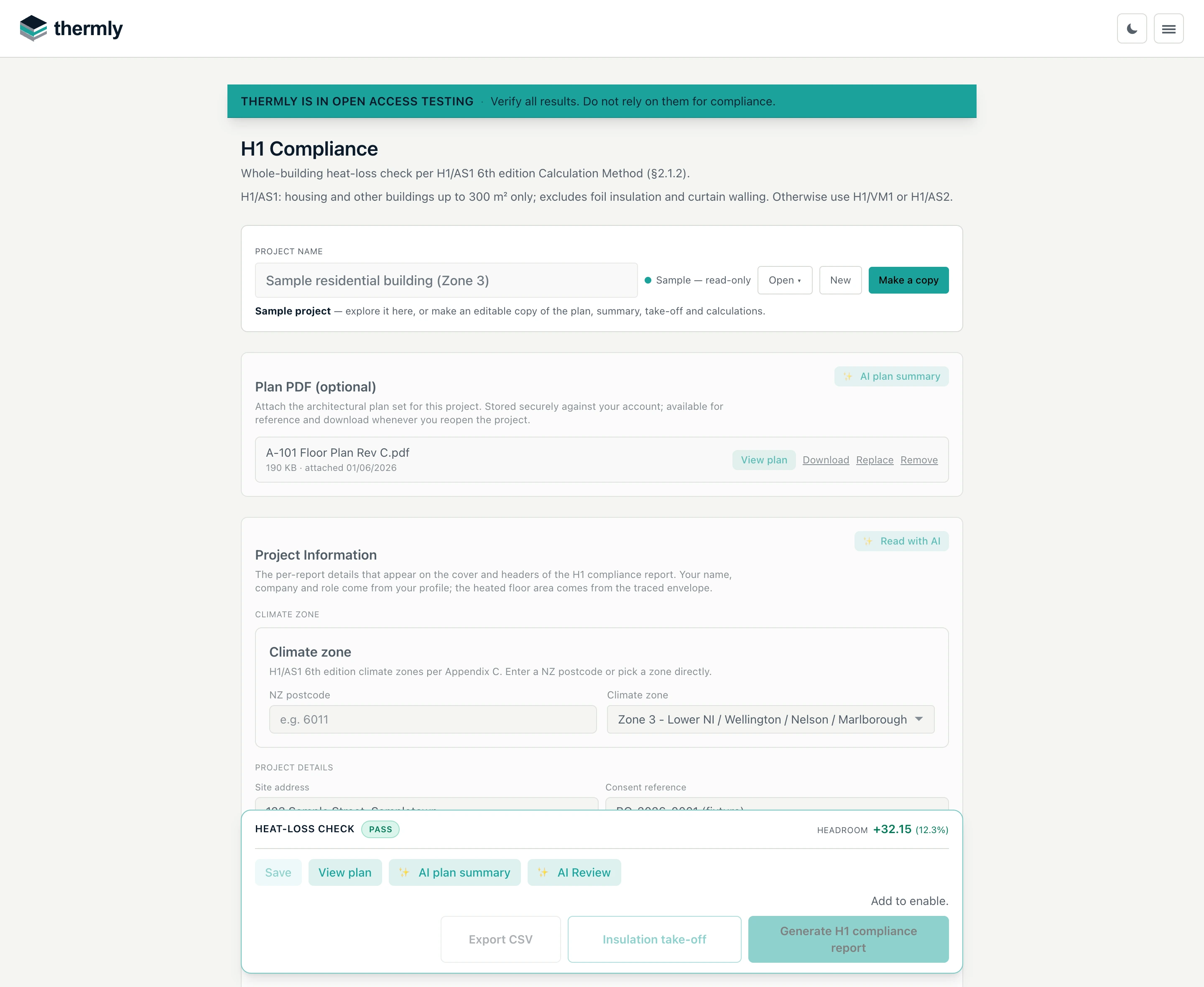 The H1 Compliance page, with a passing heat-loss check.